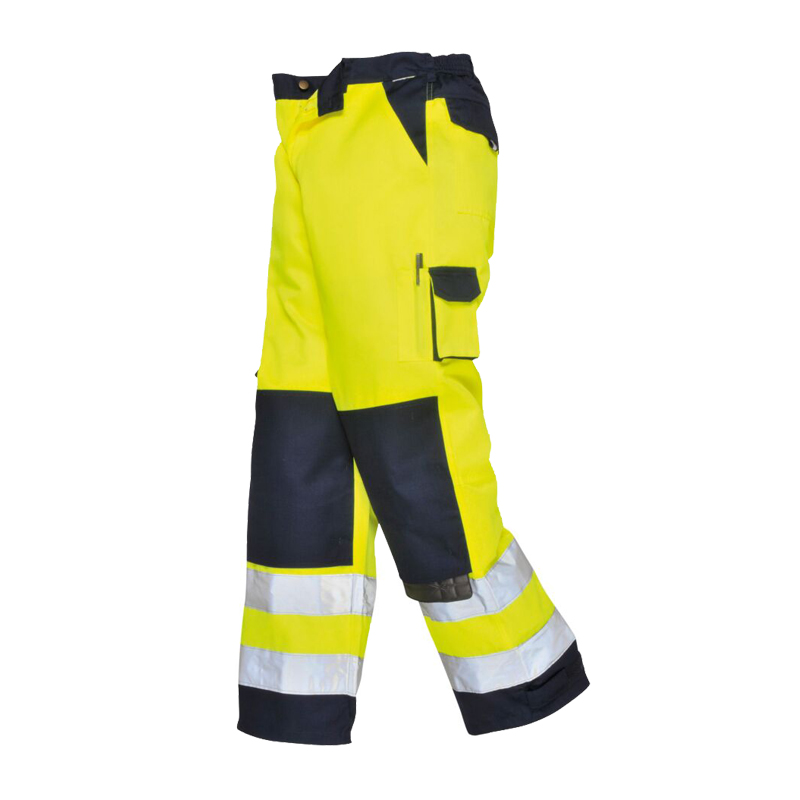 PortWest Warnschutzhose in Gelb und Marineblau mit Reflexstreifen, Knieverstärkung und praktischer Seitentasche