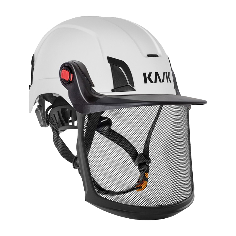 Weißer KASK Zenith-X Helm mit montiertem ZEN Plastic Mesh Kunststoffgitter-Visier nach EN 1731 für zuverlässigen Gesichtsschutz bei guter Sicht