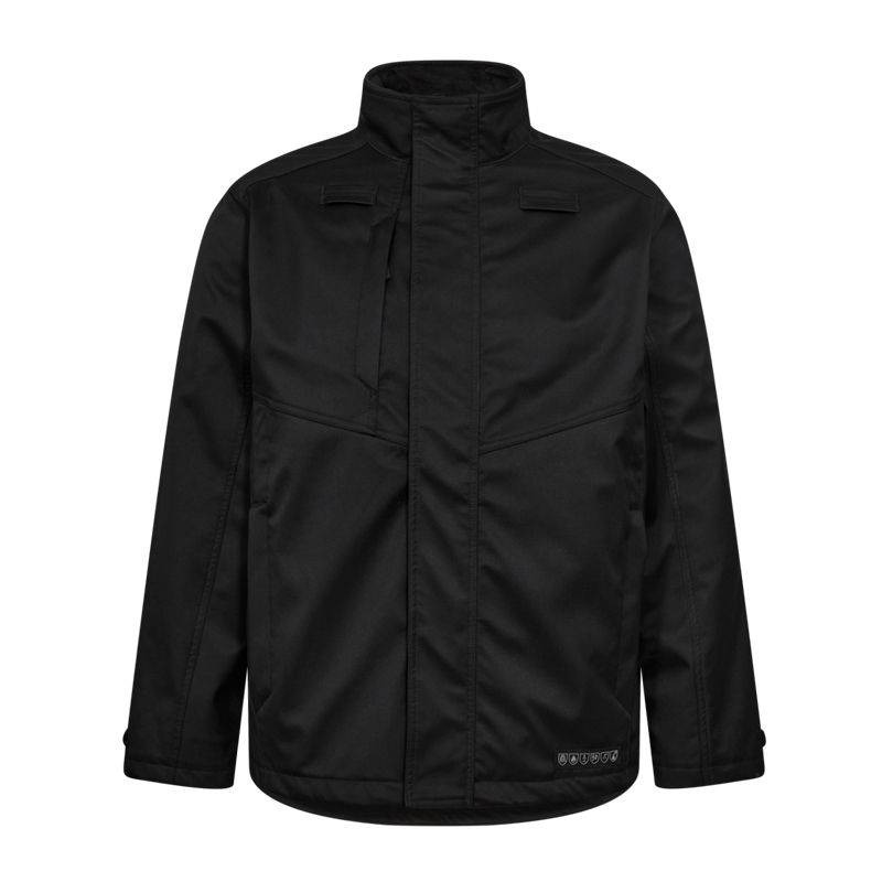 Schwarze Engel Arbeitsjacke mit hohem Kragen, langen Ärmeln und verdecktem Frontverschluss, funktionale Berufsbekleidung für Arbeit und Outdoor