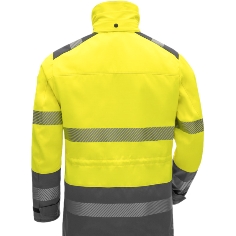 Rückansicht des HB MultiPro MultiNorm Warnschutz Parka 4 kA + 7 kA | APC2 von HB Protective Wear in Gelb/Grau mit Reflexstreifen