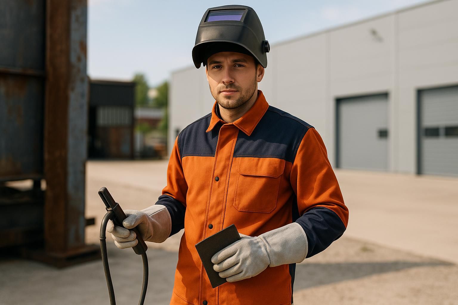 Mann mit Schweißhelm, Schutzhandschuhen und Schweißbrenner trägt orangefarbene Arbeitsjacke für Metallbau und Schweißarbeiten