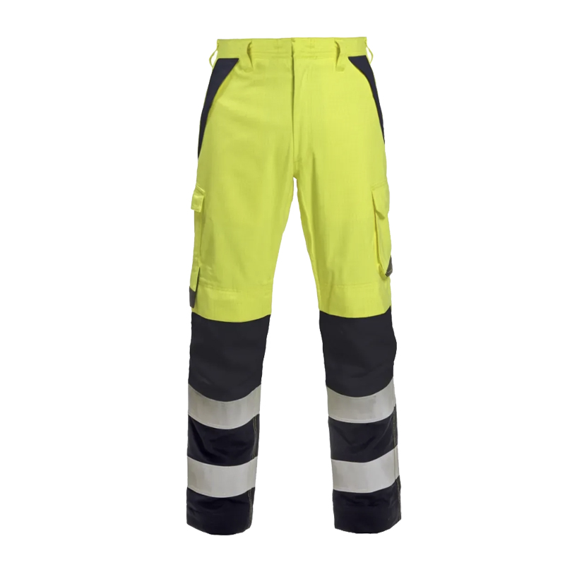 HydroWear Warnschutzhose in leuchtendem Gelb und Marineblau mit Knieverstärkung, Cargo-Taschen und silbernen Reflexstreifen für hohe Sichtbarkeit