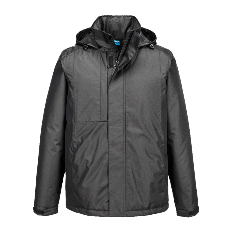 Schwarze PortWest Herren Winterjacke mit Kapuze und Frontreißverschluss, funktionale wetterfeste Arbeitsjacke