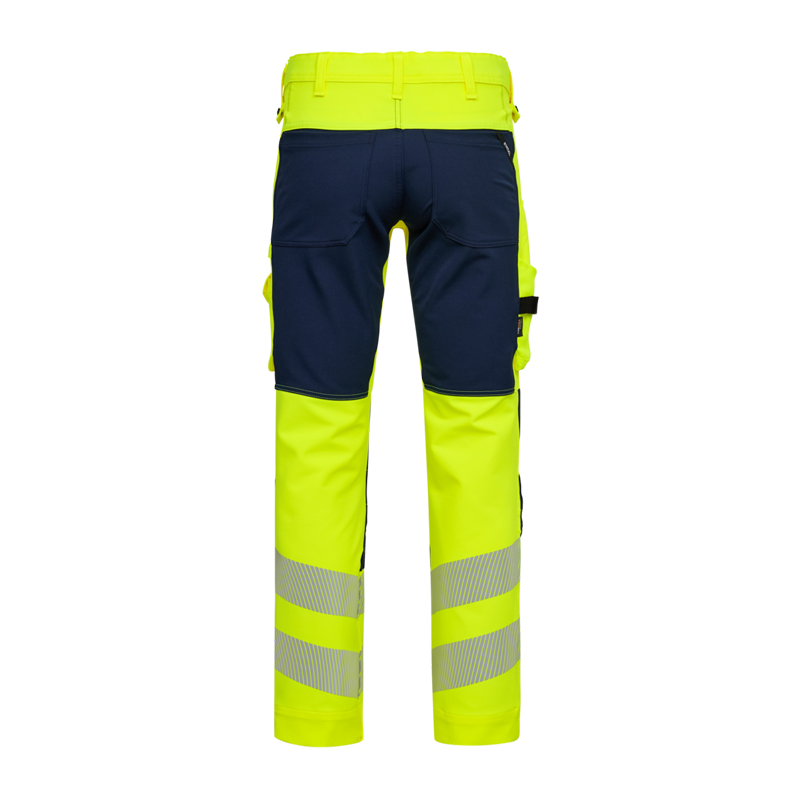Rückansicht der ENGEL Safety Stretch Warnschutz Hose Klasse 2 2345-124 in Gelb und Marineblau mit reflektierenden Streifen an den Beinen