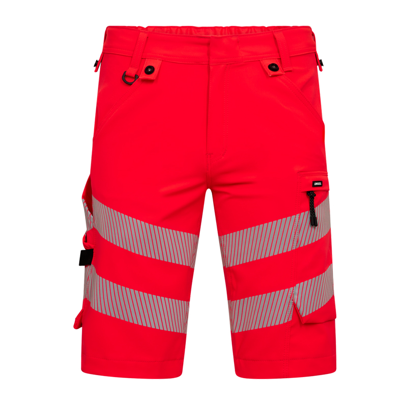 Vorderansicht der ENGEL Safety Stretch Warnschutz Sommer Shorts Klasse 1 6345-124 in Rot mit segmentierten Reflexstreifen und praktischen Taschen