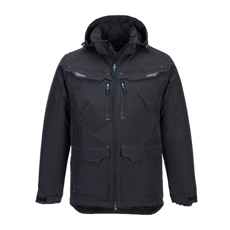 PortWest schwarze Arbeitsjacke mit Kapuze und Reißverschluss, robuste Funktionsjacke mit mehreren Taschen für Beruf und Outdoor