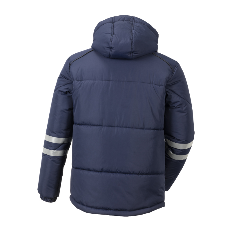 Rückansicht der Planam Craft Jacke gefüttert mit Reflexstreifen in Navy mit Kapuze und reflektierenden Streifen an den Ärmeln