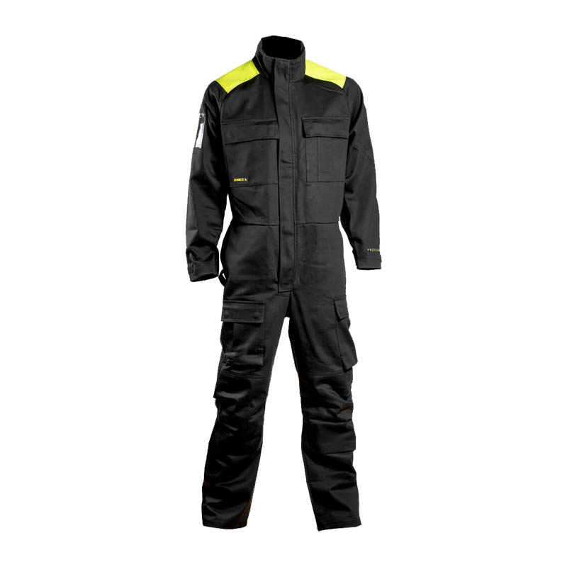 Dimex 6415 robuster MultiNorm Overall 450 g, flammhemmender schwarzer Arbeitsanzug mit gelben Schulterpartien, Schweißerschutz Klasse 2 für Elektro- und Schweißarbeiten