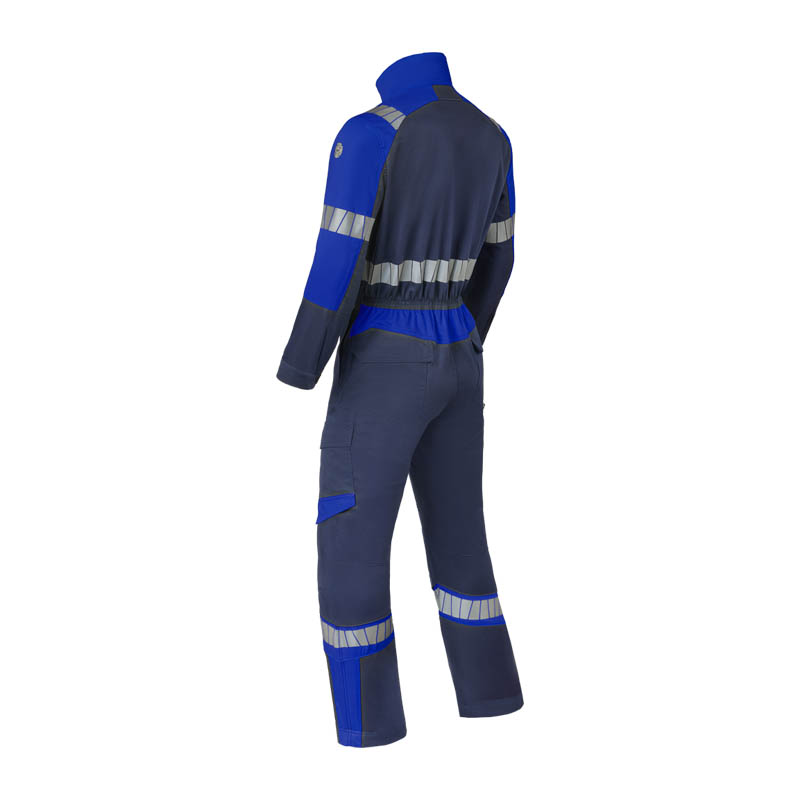 Rückansicht eines HaVeP Overalls in Dunkelblau und Blau mit umlaufenden Reflexstreifen an Armen, Rücken und Beinen