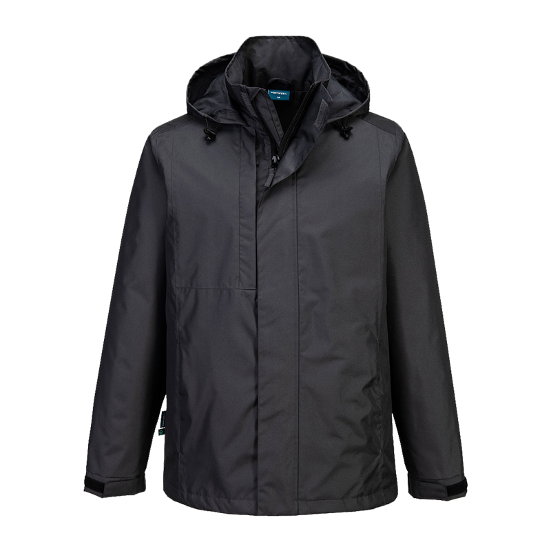 PortWest CD867 ECO günstige Regenjacke EN 343 in Schwarz, wasserdichte Arbeitsjacke mit Kapuze für Bau, Handwerk, Industrie und kommunale Einsätze
