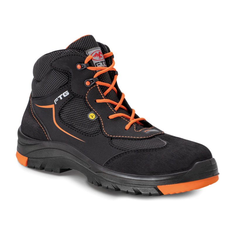 FTG Uranus S3 ESD Sicherheitsstiefel metallfrei aus schwarzem Sicherheitsnubukleder, hoher Arbeitsstiefel mit orangefarbenen Schnürsenkeln und robuster Sohle aus der Gemini Line