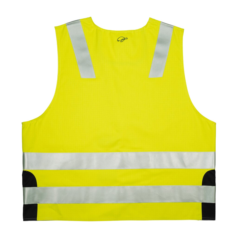 Rückansicht der HB MODarc & vis MultiNorm Warnweste FR von HB Protective Wear, gelb mit silbernen Reflexstreifen für hohe Sichtbarkeit und Schutz im Arbeitsalltag