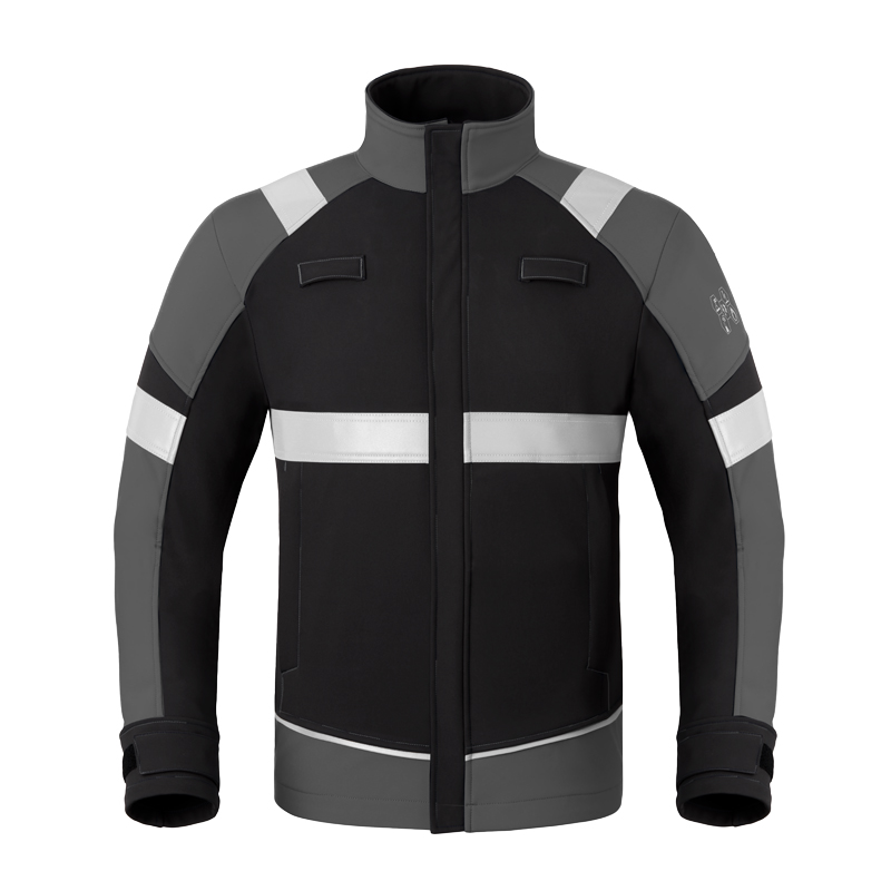 HaVeP 5Safety Image+ 50384 MultiNorm SoftShell Jacke | APC1, Vorderansicht in Schwarz-Grau mit Reflexstreifen und Stehkragen
