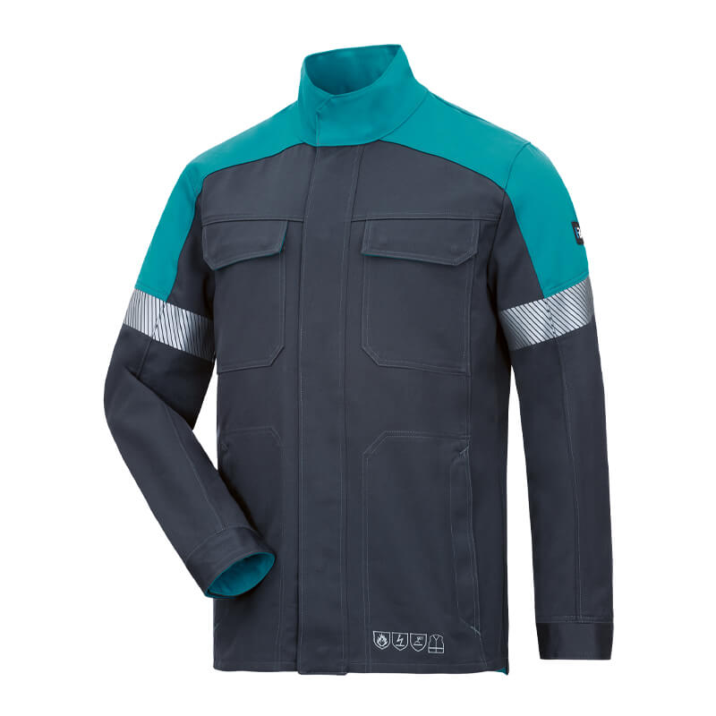 HB HeavyMetal Pro 340 Gießerei Jacke D2 + E2 von HB Protective Wear, Schutzjacke in Dunkelgrau mit türkisfarbenen Schultern und reflektierenden Ärmeldetails