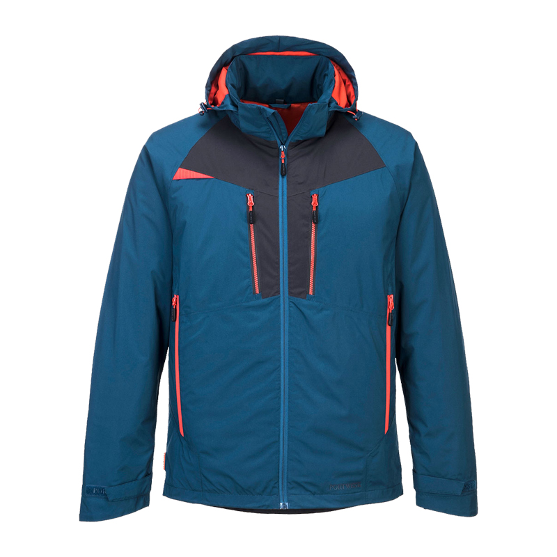 PortWest Herren Outdoorjacke mit Kapuze, blau-schwarz, mit roten Reißverschlüssen und Brusttaschen, Frontansicht