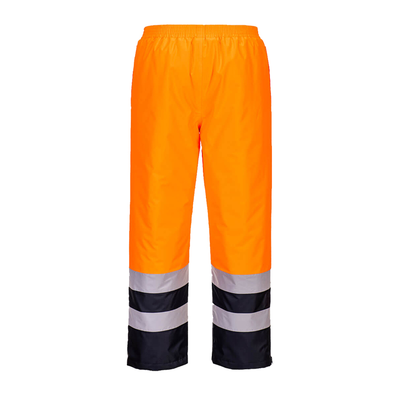 PortWest Warnschutzhose in leuchtendem Orange mit silbernen Reflexstreifen und dunkelblauen Beinabschlüssen, Frontansicht