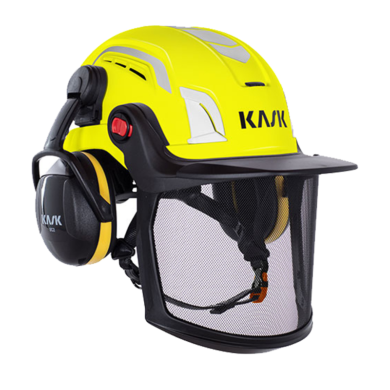 Kask ZENITH-X PL COMBO Kletterhelm EN 12492 in Gelb mit Mesh-Visier und integriertem Gehörschutz