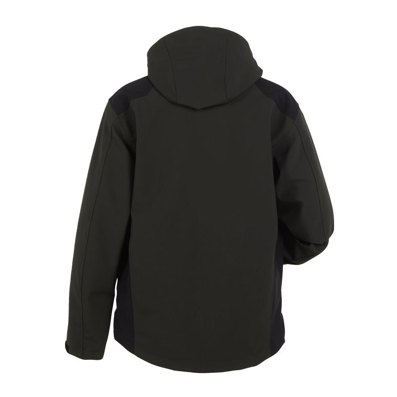 Rückansicht der schwarzen Planam Moto Softshelljacke mit Kapuze, robuste Arbeitsjacke für Outdoor und Beruf