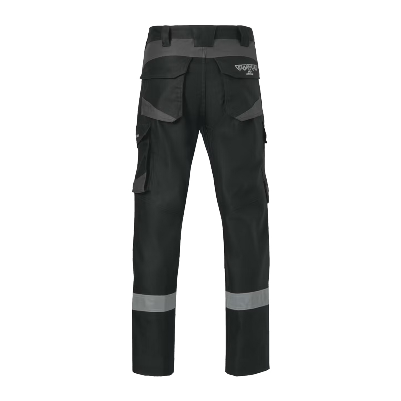 Rückansicht einer schwarzen Arbeitshose mit grauen Kontrasteinsätzen, Reflexstreifen am Bein und praktischen Taschen für Beruf und Handwerk