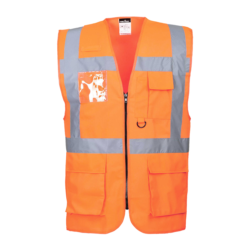 PortWest Warnweste in Orange mit silbernen Reflexstreifen, Reißverschluss und mehreren Taschen, ideal für hohe Sichtbarkeit bei der Arbeit