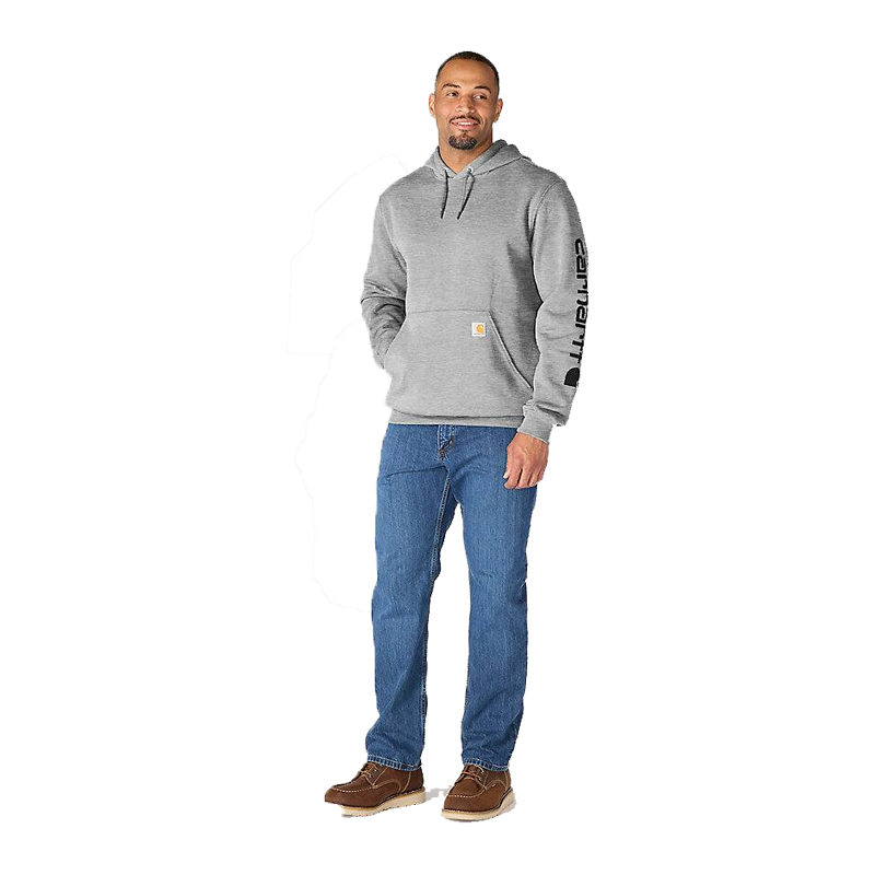 Herren trägt den grauen Carhartt K288 Iconic Hoodie mit Schriftzug am Arm im Loose Fit, mit Kapuze und Kängurutasche