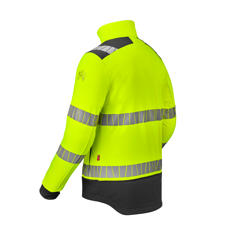 Rückansicht der HaVeP Multi Protector+ MultiNorm Warnschutz SoftShell Jacke APC1 in leuchtgelb mit Reflexstreifen und schwarzem Saum