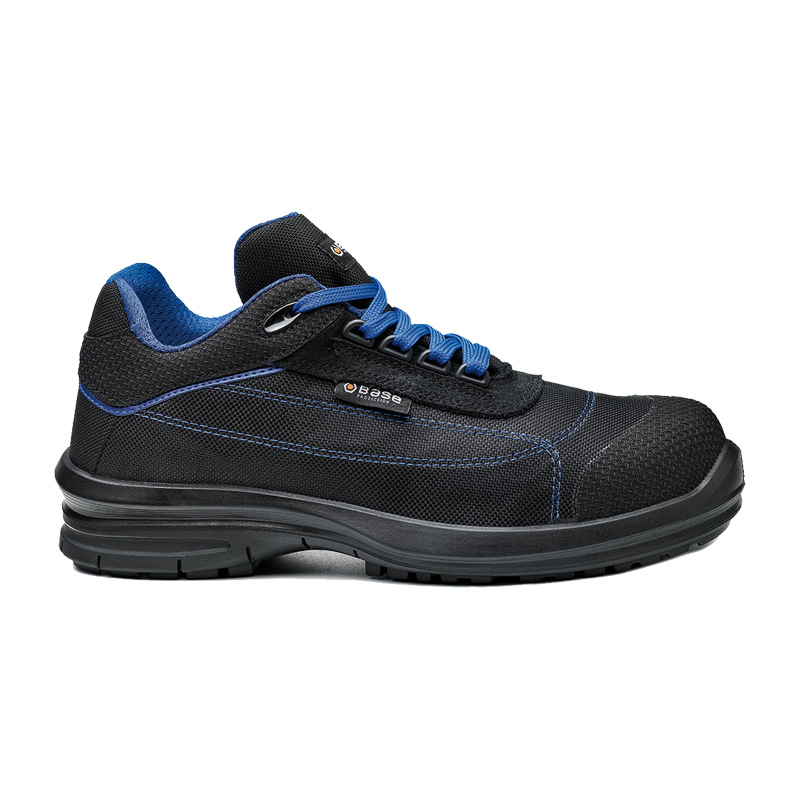 BASE Pulsar S1P Sicherheitsschuhe B0952, schwarzer Arbeitsschuh mit blauen Schnürsenkeln und technischem Textil, Seitenansicht