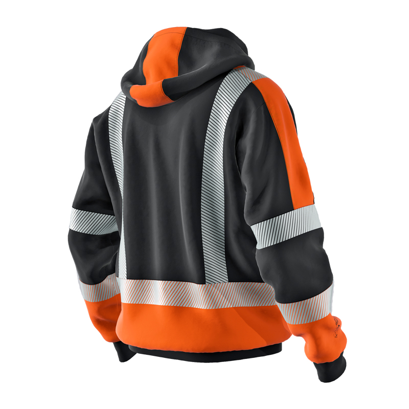 Rückansicht des BP 2226 Hi-Vis MultiNorm Sweat Shirts mit Kapuze 4 kA APC1 von BP Bierbaum Proenen in Schwarz-Orange mit Reflexstreifen