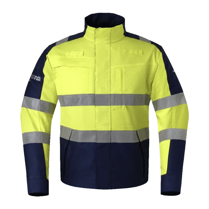 HydroWear Warnschutzjacke in Gelb und Navy, frontal dargestellt, mit hohem Kragen und umlaufenden Reflexstreifen für hohe Sichtbarkeit bei der Arbeit