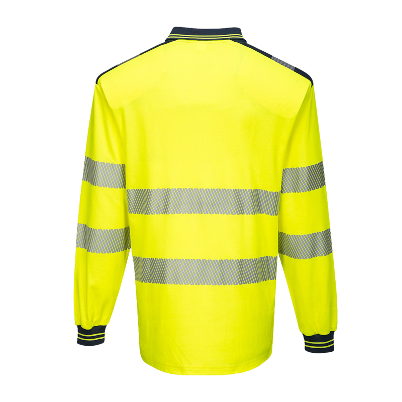Rückansicht eines gelben PortWest Warnschutz-Langarmshirts mit umlaufenden Reflexstreifen an Körper und Ärmeln