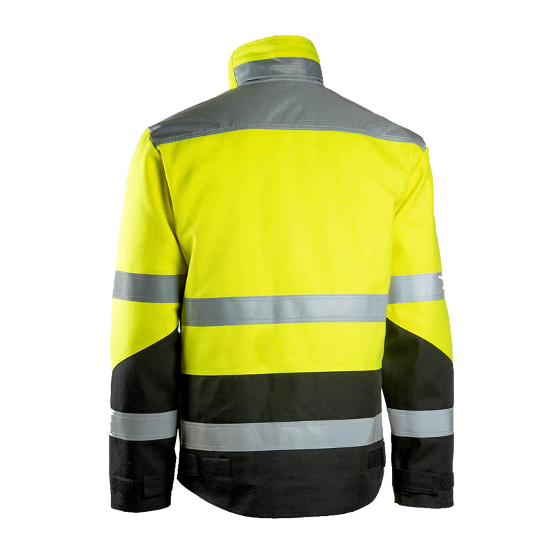 Rückansicht der Dimex 6435 Winter MultiNorm Warnschutz Jacke Klasse 2 von Dimex in Gelb-Schwarz mit Reflexstreifen für hohe Sichtbarkeit bei winterlichen Arbeitseinsätzen