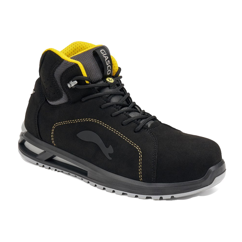 Giasco 3Hybrid ESD Borneo Sicherheitsstiefel S3L, knöchelhoch, schwarz mit gelben Details, ESD-fähig, rutschhemmend und mit hoher Dämpfung für lange Arbeitstage