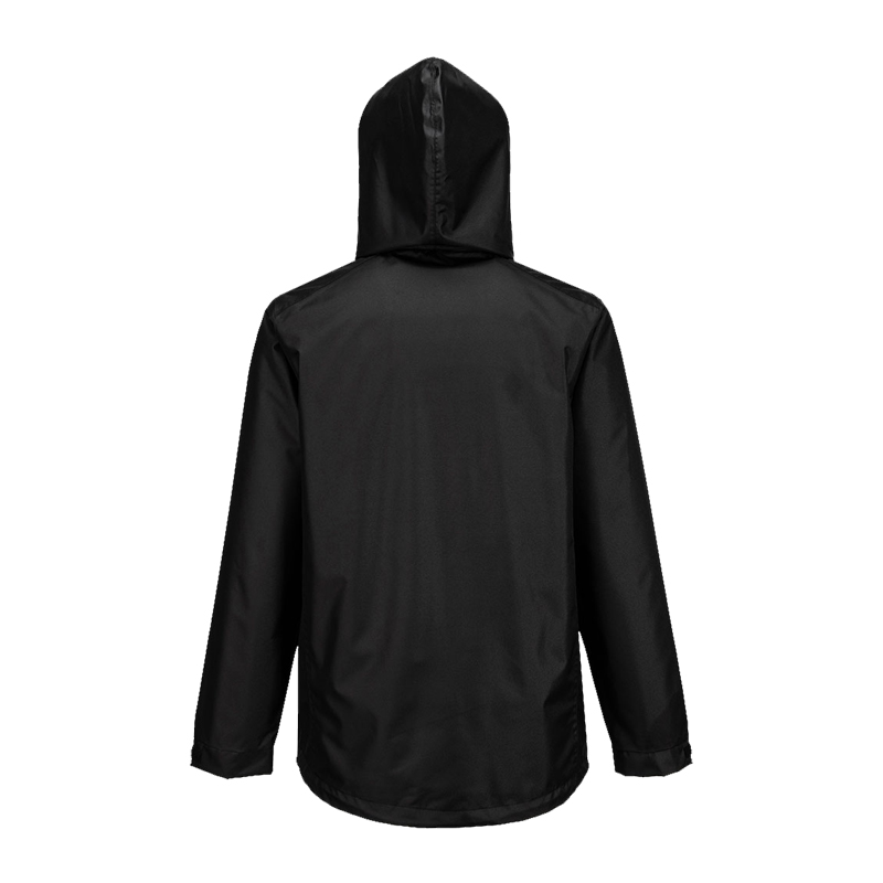 Rückansicht einer schwarzen PortWest Jacke mit Kapuze und langen Ärmeln auf weißem Hintergrund