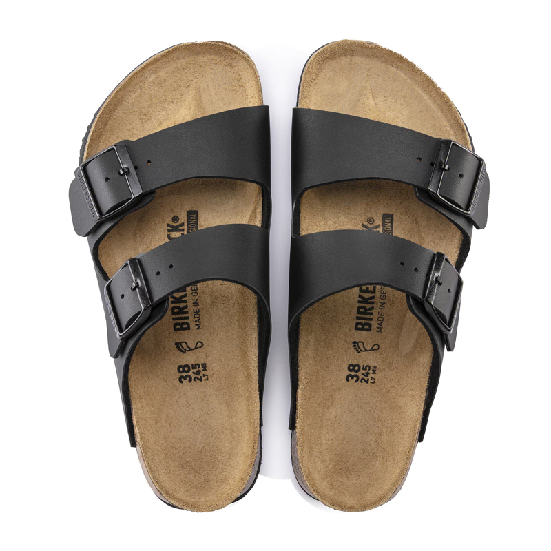 Birkenstock Sandalen in Schwarz mit zwei verstellbaren Riemen, Schnallen und anatomischem Kork-Latex-Fußbett, Draufsicht