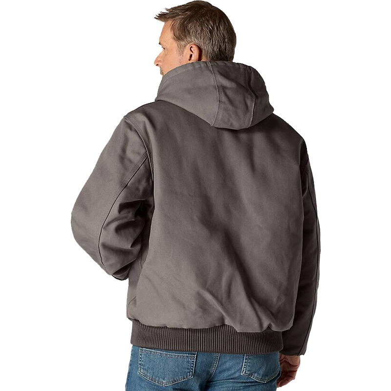 Rückansicht eines Herrenmodells mit Carhartt J140 Iconic Thermo Jacke aus festem Duck Material im Loose Fit, mit Kapuze in Grau
