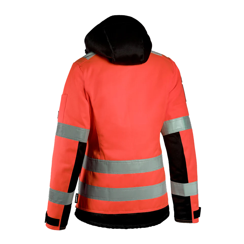 Rückansicht der Dimex 6177E Damen Winter Warnschutz Jacke Klasse 2 in Orange mit schwarzer Kapuze und silbernen Reflexstreifen