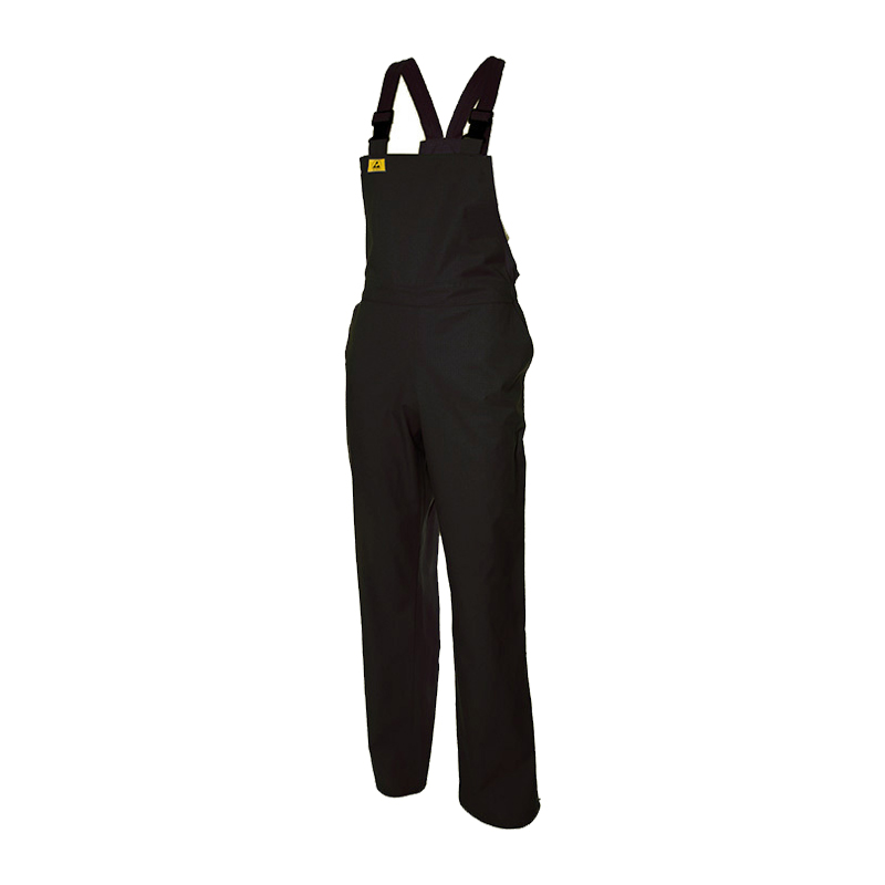 Schwarze Mimoza ESD Damen Latzhose für EPA-Bereiche 10⁵ bis 10⁷ Ohm nach EN 61340 mit verstellbaren Trägern