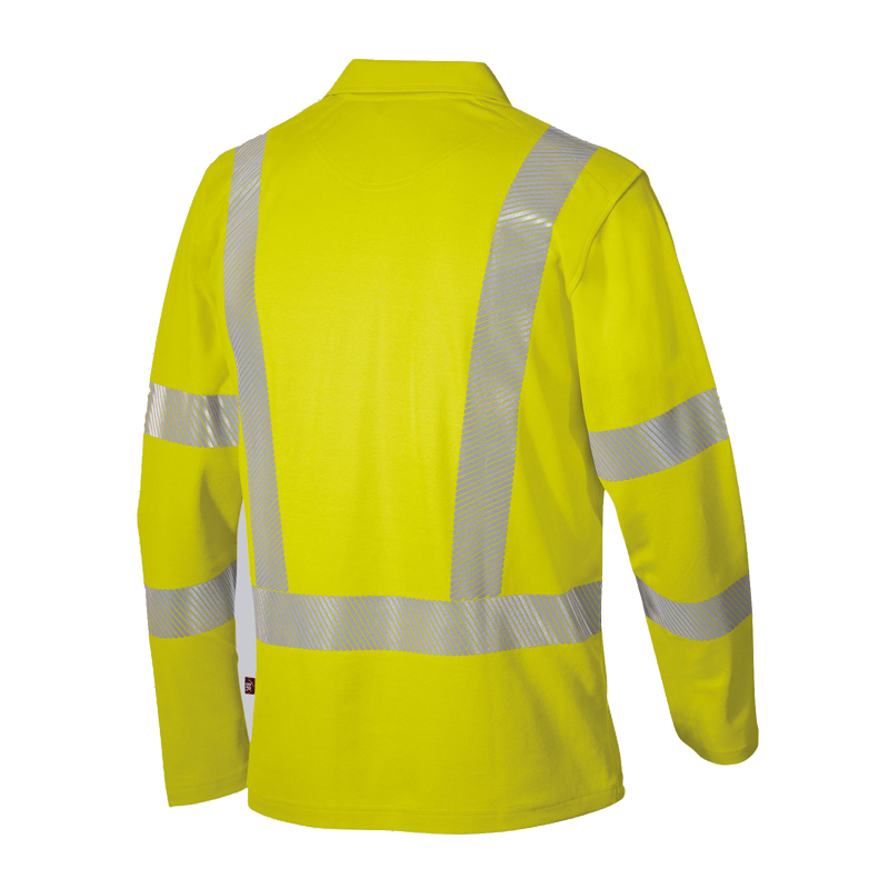 Rückansicht des BP 2133 Warnschutz Comfort Polo Shirt langarm Klasse 2 von BP Bierbaum Proenen in leuchtgelb mit Reflexstreifen