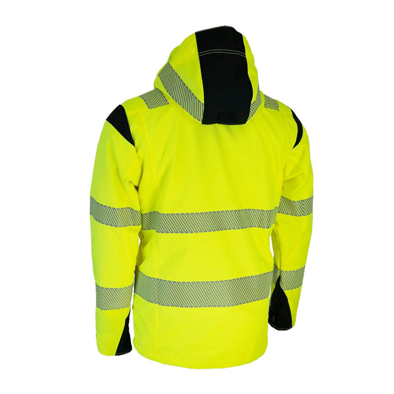 Rückansicht der Dimex 6066Y Warnwetterschutz Shell Jacke mit Kapuze Klasse 3 in Gelb mit reflektierenden Streifen