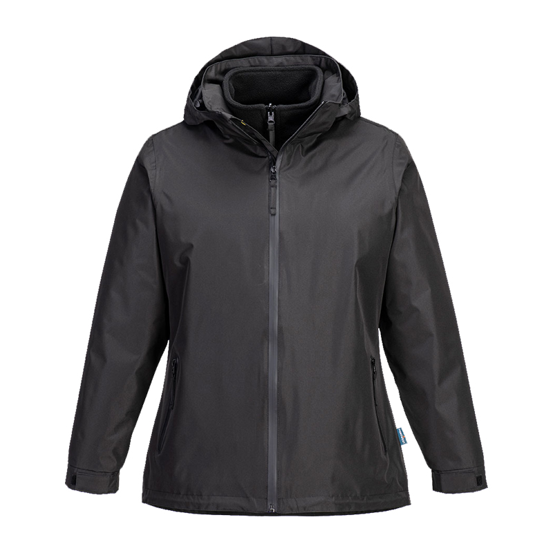 Schwarze PortWest Damen Funktionsjacke mit Kapuze, Frontreißverschluss und Seitentaschen, ideal als wetterfeste Outdoor- und Arbeitsjacke