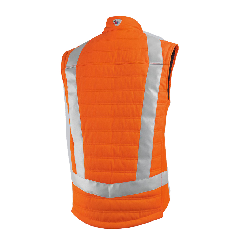 Rückansicht der gefütterten BP 2113 Warnschutz Thermo Weste Klasse 2 von BP Bierbaum Proenen in Orange mit umlaufenden Reflexstreifen