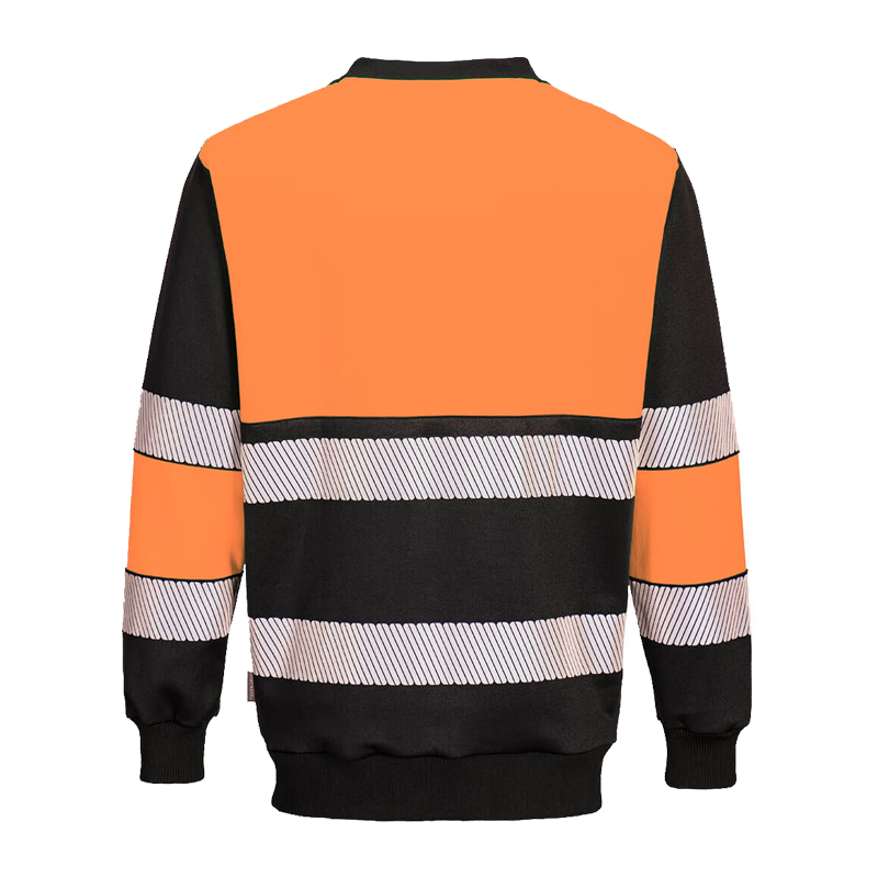 Rückansicht eines PortWest Warnschutz-Sweatshirts in Orange-Schwarz mit umlaufenden Reflexstreifen an Oberkörper und Ärmeln