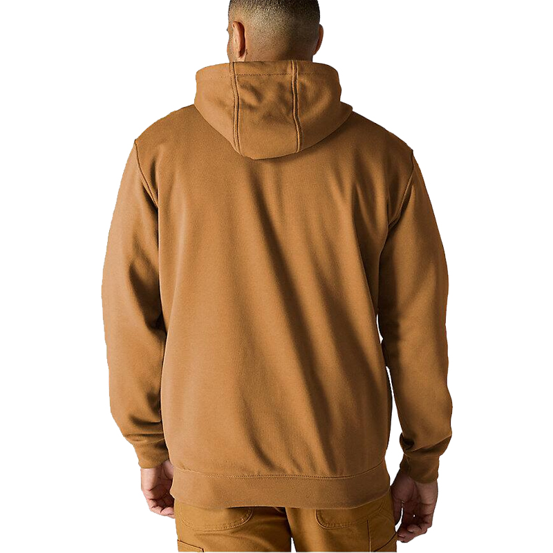 Rückansicht des Carhartt K288 Iconic Hoodie mit Schriftzug am Arm im Loose Fit in Braun mit Kapuze