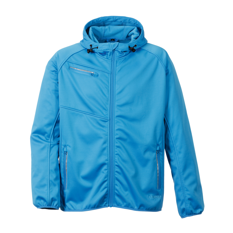 Planam Fog Softshelljacke mit Stretch und Kapuze in Blau, Frontansicht mit Reißverschluss, Brusttasche und seitlichen Taschen