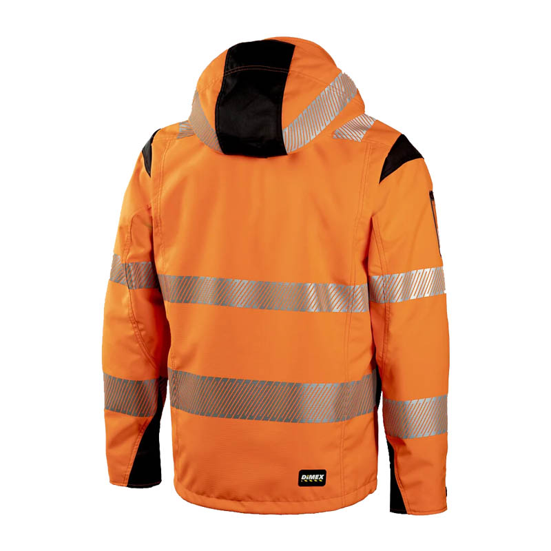 Rückansicht der Dimex 6066R Warnwetterschutz Shell Jacke mit Kapuze Klasse 3 in Orange mit Reflexstreifen