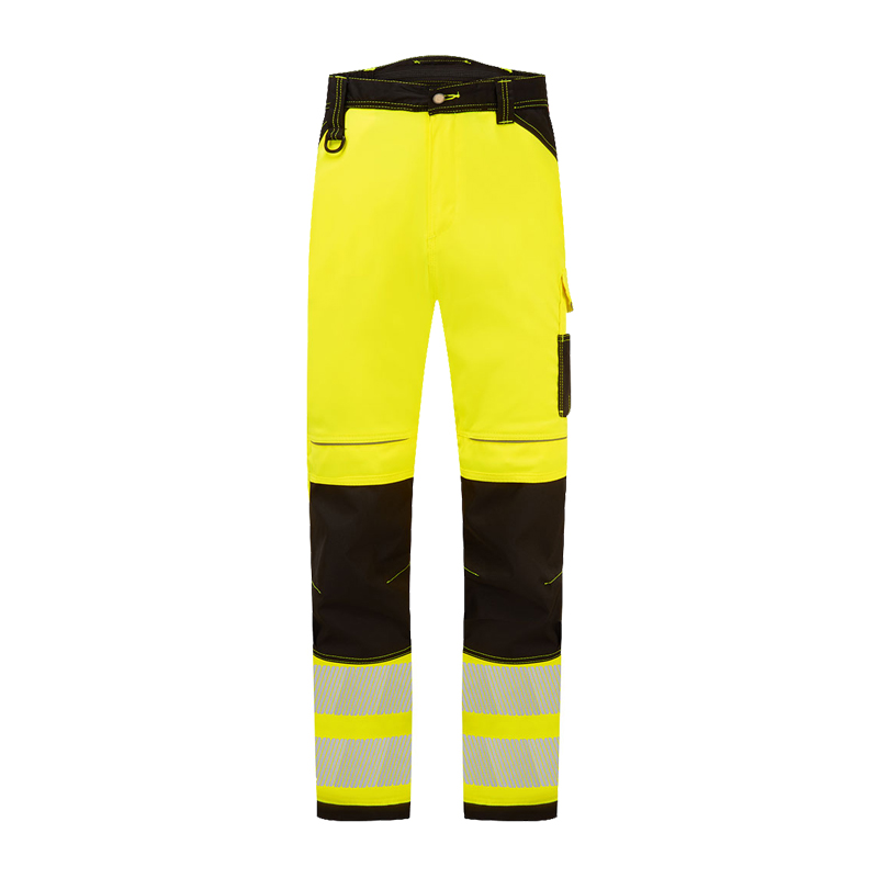 PortWest PW303 leichte Warnschutz Stretch Hose Klasse 2, gelb-schwarz mit Reflexstreifen, ideal für Baustelle, Straßenbau und Verkehrsdienst