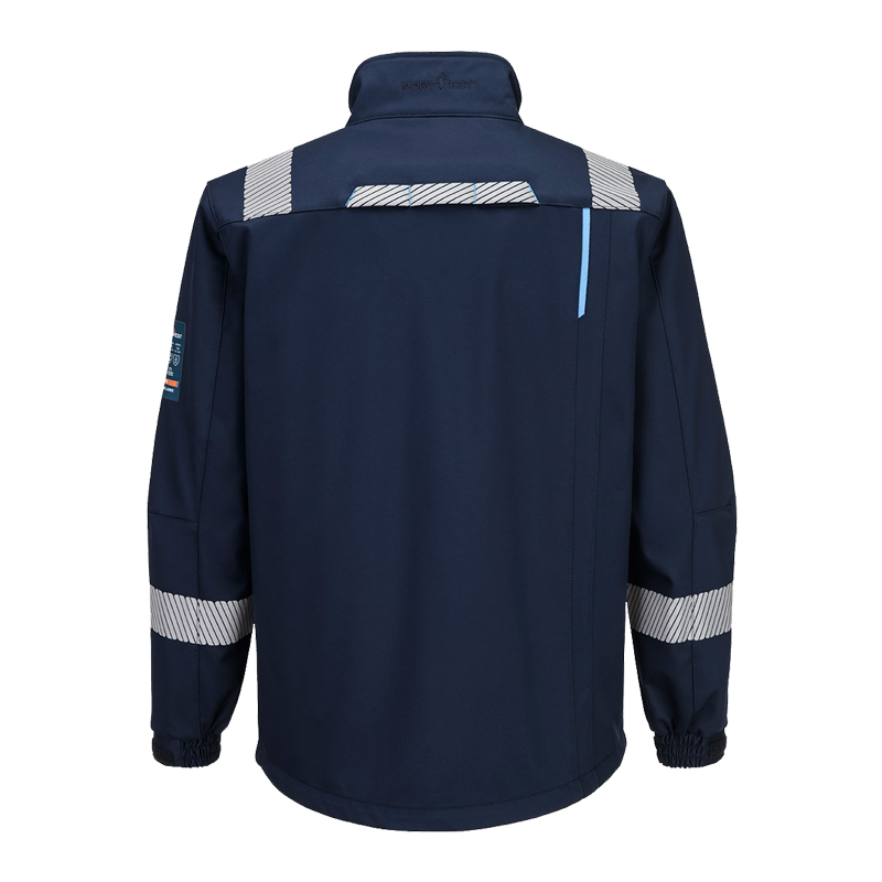 Rückansicht einer dunkelblauen PortWest Arbeitsjacke mit reflektierenden Einsätzen an Schultern und Ärmeln