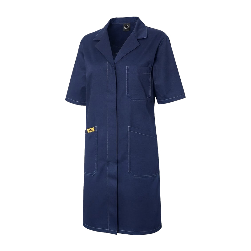Dunkelblauer kurzärmeliger ESD Damen Mantel von Mimoza mit Taschen, 10⁵ bis 10⁷ Ohm, EN 61340