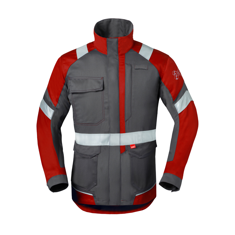 HaVeP 5Safety Image+ 50292 MultiNorm Jacke | APC2, Arbeitsjacke in Grau-Rot mit Stehkragen, Taschen und umlaufenden Reflexstreifen, Frontansicht