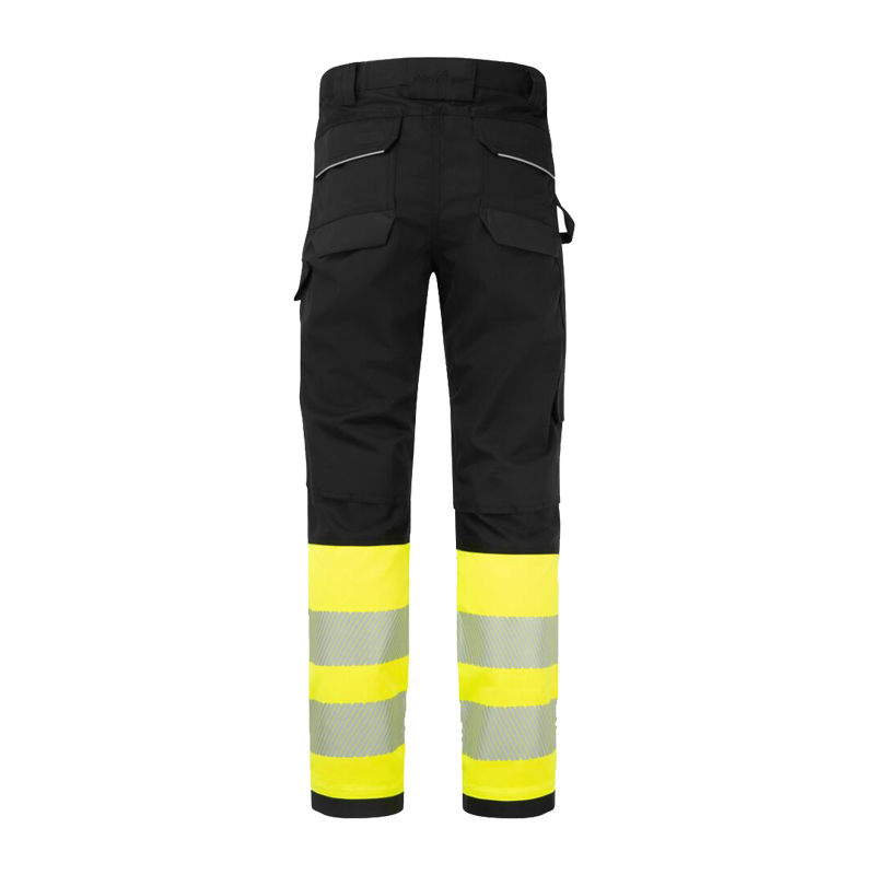 PortWest FR450 MultiNorm Warnschutzhose Klasse 1 aus inhärent flammhemmendem Modaflame-Gewebe in Schwarz mit gelben Warnschutzbeinen und Reflexstreifen